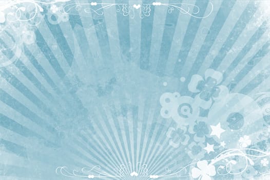 Cool Blue Grungy Background with Rays and Floral Elements. White Ornaments Light Blue Grungy Background.