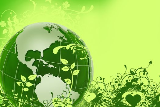 Green Eco Globe. Global Green Energy Illustration with Green Earth/Globe Model and Floral Ornaments. Green Background.