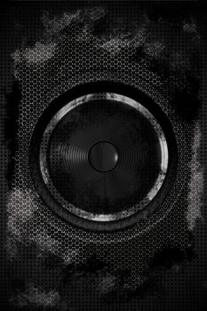 Grungy Dark Dirty Bass Speaker. Hard Music Theme. Black Grunge Damaged Metal Sheets with Bass Speaker in the Center of Composition. Meshy Steel Elements. Speaker-Music Vertical Theme.