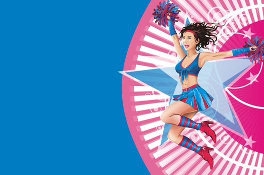 Happy Dancing Cheerleader on the Big Blue Star. Illustration.