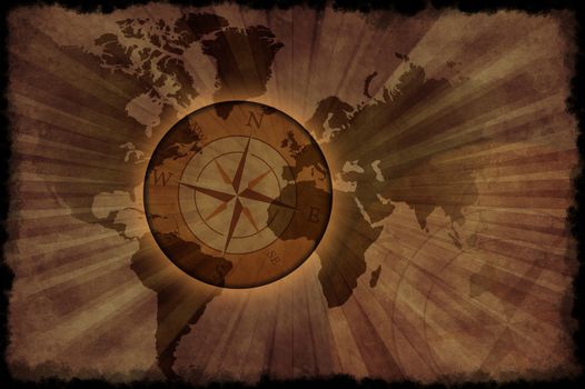 Retro World Map - Vintage World Map with Compass Rose. Grunge Browny Background ( Old Paper Style ) Black Grunge Edges.