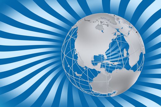 Global Rays - Global Corporate Background. Blue Twisted Rays and Silver World-Globe Model. Horizontal Design