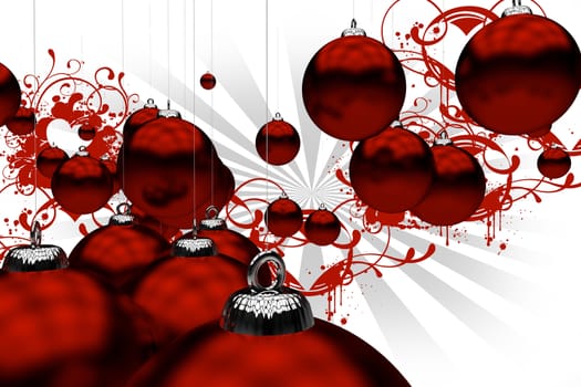 Red Christmas Ornaments with Red Floral Ornaments on White Background with GRay Rays. Holiday Theme. 3D Rendered Christmas Ornaments.