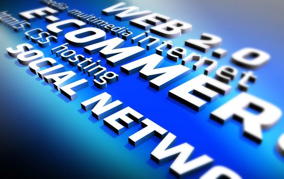 Web Illustration. 3D Web 2.0 Words. E-Commerce, Social Networking, Html 5, CSS.. Cool Blue Color. Web Technology