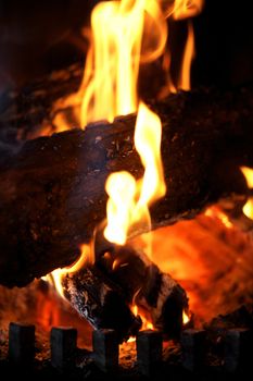 The Fireplace. Burning Wood.
