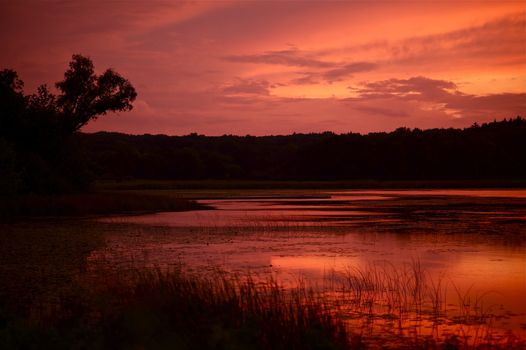 Grass Lake. Small Lake in Illinois State, USA. Chain O\'Lakes State Park. Lake and Sunset. Horizontal Photography