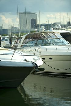 The Harbor. Chicago Metro Area Marina - Chicago Harbor.  Docked Motorboats. Vertical Photo.