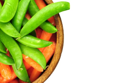 Green Bean and Carrots in the Wood Bowl. Fresh and Healthy Vegetables. Clipped Photo.
