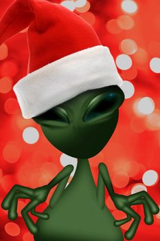 Holiday Alien. Green Funny Alien in Santa Claus Red Hat. Red Bokeh Christmas Background. Funny Seasonal Illustration.