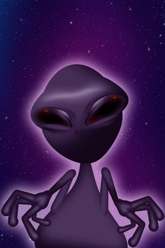 Purple Alien - Purple Night Sky Background. Vertical Illustration. Funny Big Eyes Alien Illustration.