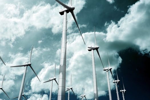 Wind Turbine Plantation - Dramatic Cloudy-Stormy Sky. Alternative Energy Theme.