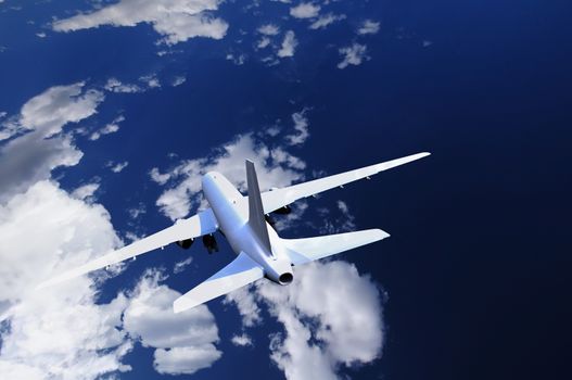 Commercial Airliner on the Sky. Dark Blue Cloudy Sky with Commercial Airliner (Real Sky with 3D Airliner Model Render) Illustration.