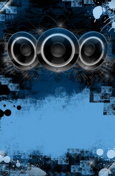 Grunge Music Event Poster Background. Blue and Black Cool Grunge Background with Some Splashes and Large Three Speakers on the Top. Perfect for Your Music Event!