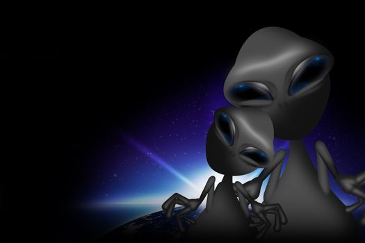 Two Gray Funny Aliens. Adult Alien with Teenage Alien. Dark Background with Earth Sunrise. Aliens Illustration.