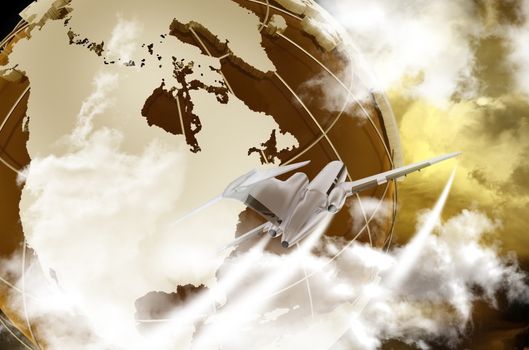 Business Class Traveling. Business Worldwide Destinations. Globe Model and Flying Aircraft / Airliner Between Clouds. Cool 3D Render Business Travel illustration.