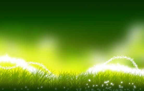 Mystic Green Meadow Illustration. Perfect Copy Space. Some Mystic Lights Above the Ground. Fantasy Illustration.