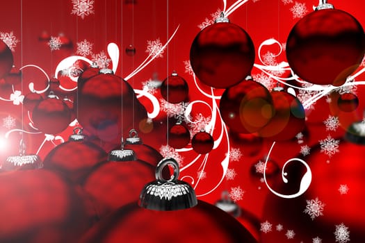 Red Glassy Christmas Ornaments. 3D Generated Christmas Illustration. Dark Red Glassy Christmas Ornaments, White Floral Elements and Snowflakes.