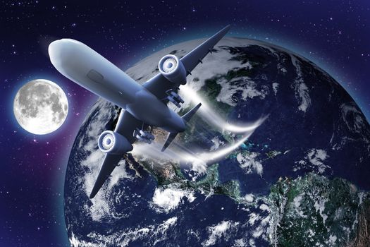 Space Flight. Abstract Illustration of Flying Airplane into the Space. Large Earth and Moon in the Background.