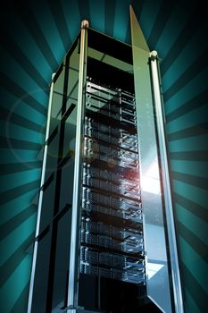 Servers Tower with Open Glass Door. Cool Glassy-Metal Server Rack Tower. Rays Background. Cool Hosting and Networking Related Illustration