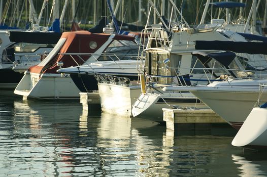 Boat Marina - Small Sailboats Moored in a Chicago Marina. Horizontal Photo. Summer Day. Recreation Photo Collection