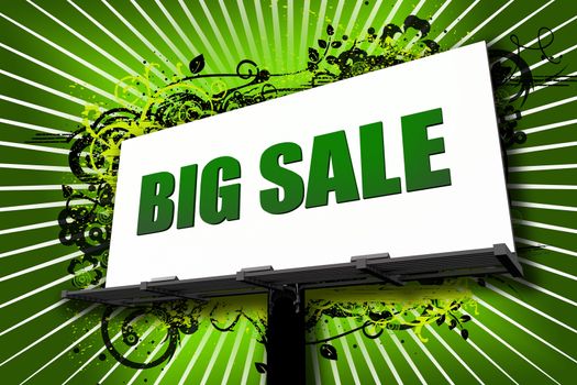 Big Sale Billboard Illustration with Cool Ornament Green Background/. White Background Rays and Green \"Big Sale\" Letters. City Billboard  - Urban Theme