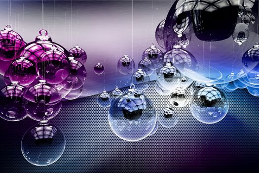 Christmas Hi-Tech Design. Cool Corporate / Hi-Tech Christmas Design. Metal Background and Glassy Christmas Ornaments. Great for Season Greetings. 3D Rendered Illustration