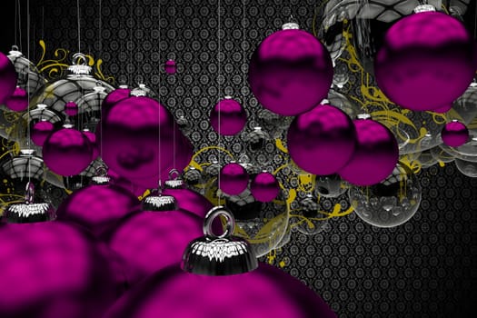 Purple Christmas Ornaments Abstract 3D Generated Illustration. Cool Dark Restro Pattern Background and Purple and Clear Glassy Ornaments. Seasonal Illustration.
