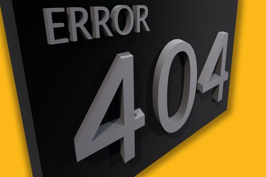 3D Render Illustration: Error 404 Page Not Found. Yellow Background - Black-Gray 3D Board with Word Error 404.