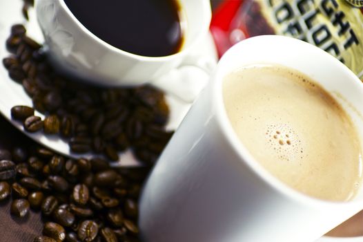 Coffee Shop. Fresh Coffee Cups and Coffee Beans Around.