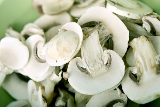 Sliced Fresh Organic Mushrooms. Raw Mushrooms Closeup Horizontal Photo.