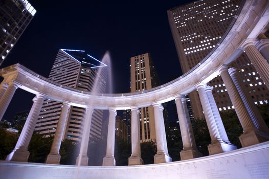 Millennium Park Founders Fountain. Millennium Park at Night. Chicago, Illinois, USA. Horizontal Wide Angle Photography. Long Exposure.
