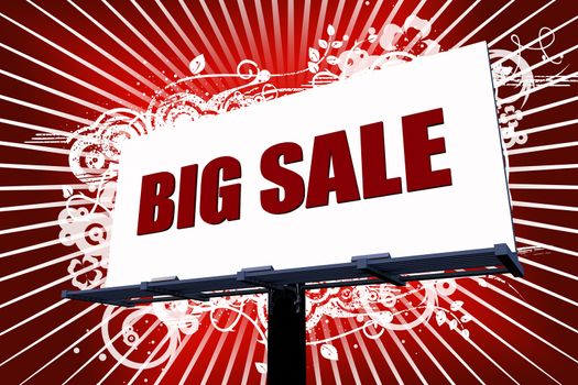 Outdoor Billboard Urban Illustration. Large Billboard with Big Sale Event on it. Floral Ornaments and White Rays in the Background. Billboard Illustration.