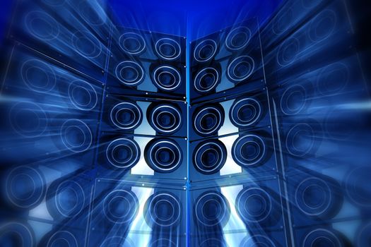 Loudness Party. Performance Theme with Large Bass Speakers and Motion Blur Effect. Blue Tones. Perfect for Techno Party Flyers etc. 3D Rendered Illustration.