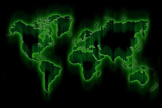 Green Glowing World Map. Hi-Tech Motion Blur Green Map.