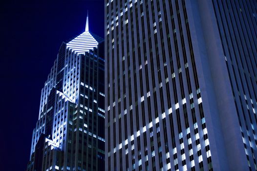 Chicago Skyscrapers at Night. Residential and Commercial Space in the Heart of Chicago. Horizontal Photo.
