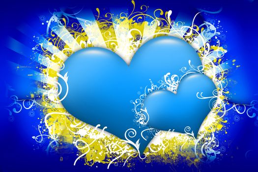 Blue Hearts Design. Two Glassy Blue Hearts with Floral Ornaments. Dark Blue Background with Yellow Grunge Rays. Valentine\'s Day Illustration.