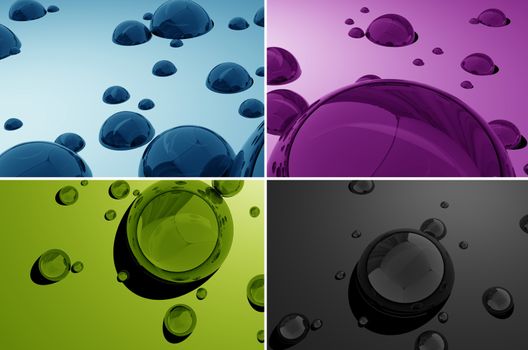 Water Drops 3D. Beautiful Four Color 3D Render Illustration with Water Drops. Water Drops Multicolor Background.