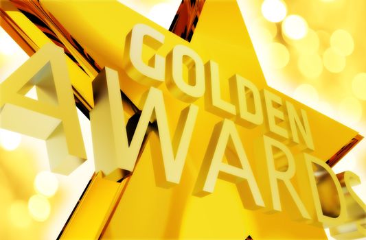 Golden Awards Ceremony Intro Illustration. Large Golden Star with Words: Golden Awards. Some Golden Bokeh.