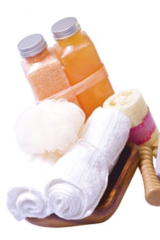 Bath Set. Cleaning Aromatic Liquids-Gels and White Towels. Isolated Objects.