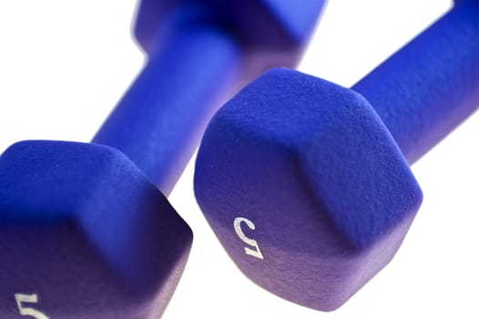 Small Blue Dumbbells ( 5 Pounds ) for Body Building and Fitness. Mostly for Woman. Isolated. Solid White Background.