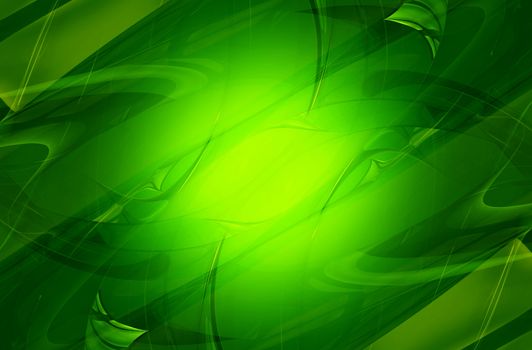 Cool Green Glassy Elements Background. Horizontal 3D Rendered Green Glassy Background with Center Light Spot. Digital Art Collection.