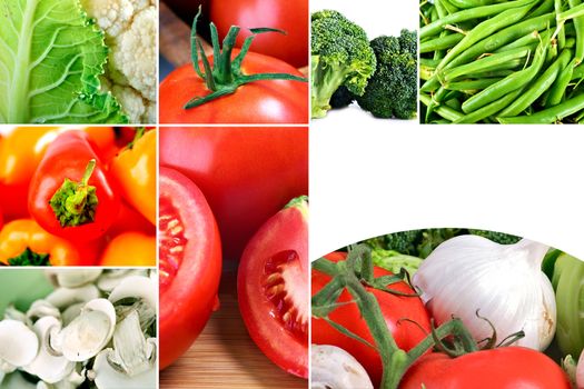 Vegetables Freshness. Fresh Full of Nutritions and Tasty Vegetables. Paprikas, Mushrooms, Tomatoes, Garlic, Green Beans and More. Horizontal Vegetables Mosaic Design.