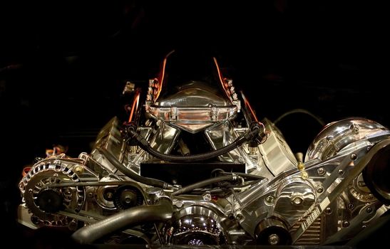 Muscle Car Engine in the Dark. Powerful American Muscle Car Gasoline Engine