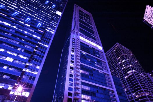 Residential Living Spaces. Chicago Downtown Condominiums at Night. Chicago Architecture - Horizontal Photo.