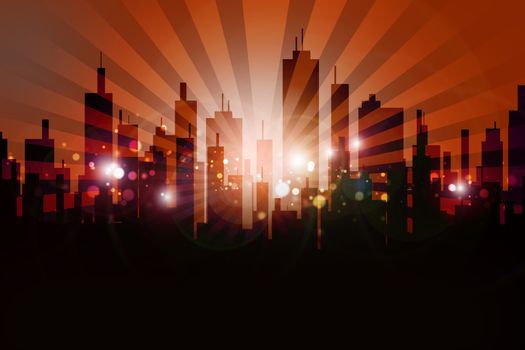 Skyline Urban Design. Cool Browny-Orange Skyline Sun Rise with Rays and Glowing Particles.