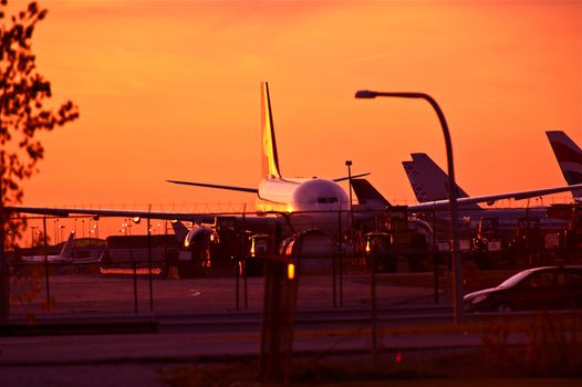 Commercial Airliners in Sunset. O\'Hare International Airport, Chicago, Illinois, USA. Aviation Photo Collection.