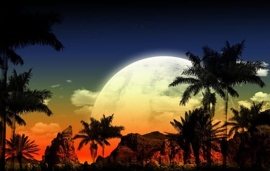 African Night Illustration with Huge Full Moon, Palm Shapes and Some Rocks-Mountains. This is Abstract Illustration.