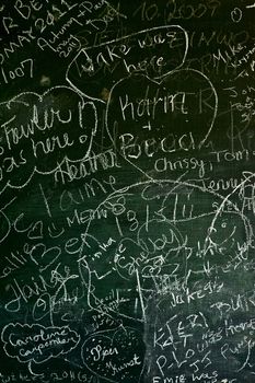 Old Cracked Blackboard Background. Many White Chalk Drawings. Blackboard Texture. Vertical Background.