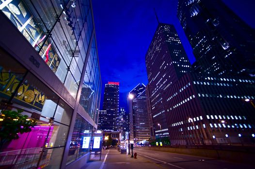 Night Lights - Chicago After Dark. Colorful Street Lights of the Chicago Downtown. Illinois, USA. Wide Angle Photo