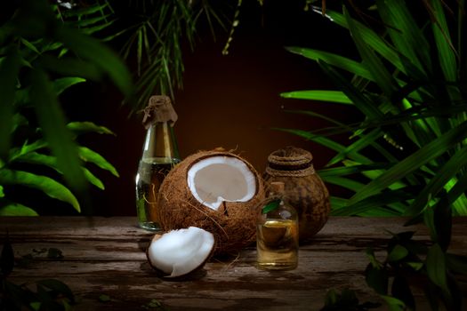 Close up view of nice fresh coconut on green leaf background